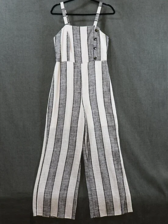 Urban Romantics Linen Blend Wide Leg Striped Jumpsuit Romper Womens M Sleeveless - Picture 2 of 15